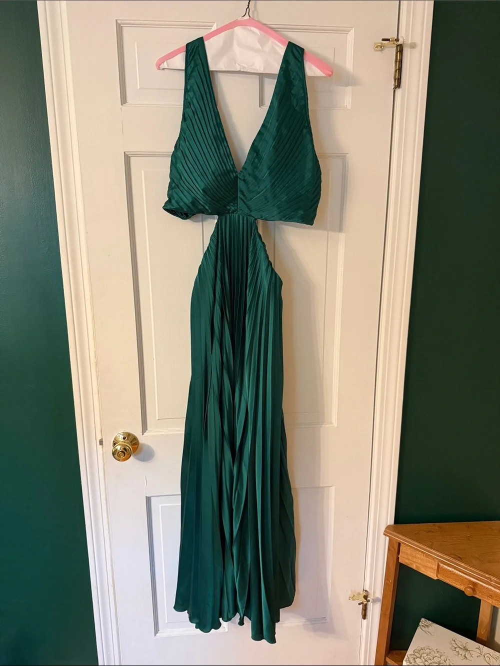 Abercrombie & Fitch Emerald Green Satin Pleated dress with cut outs